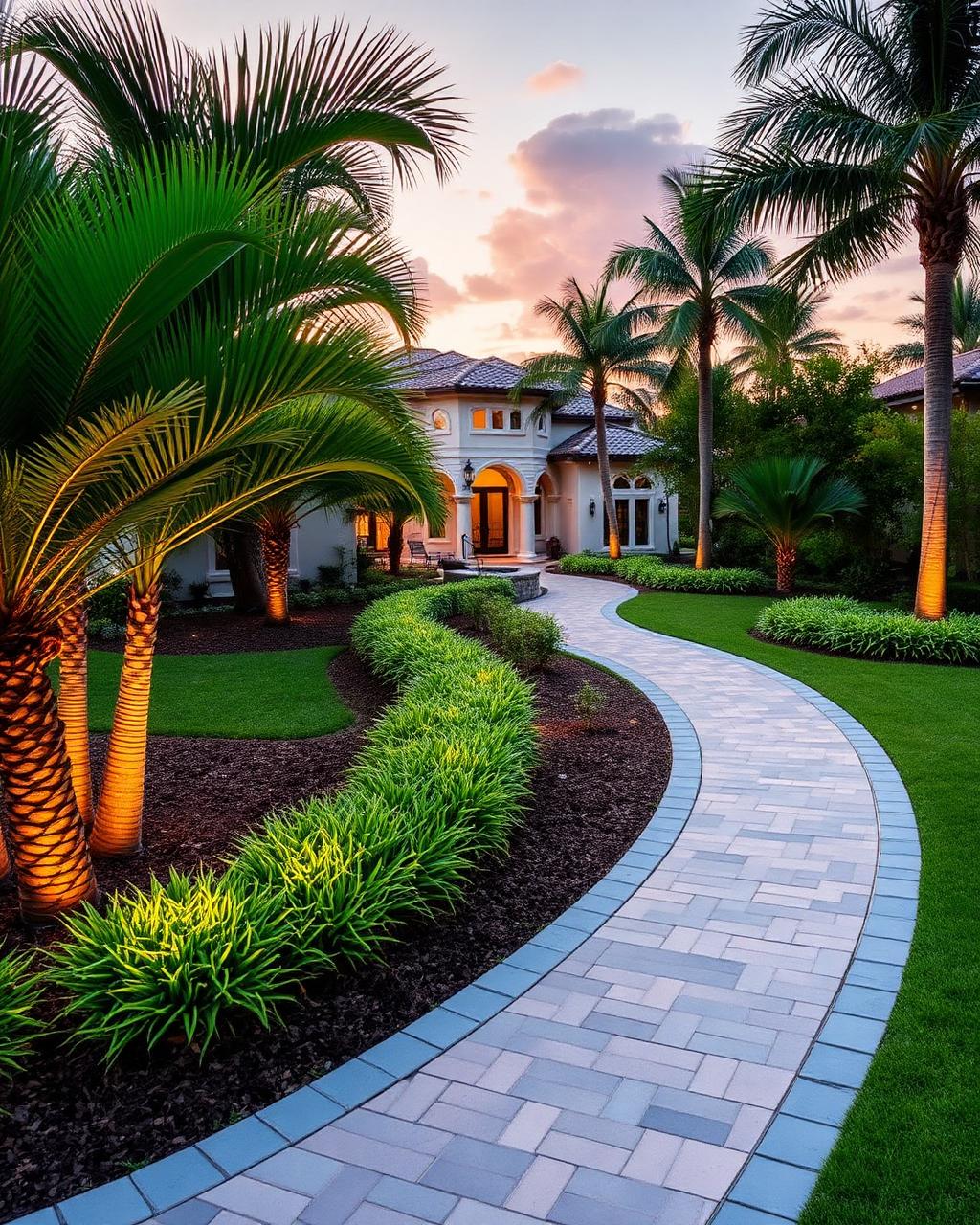 Curved paver pathway through tropical landscape