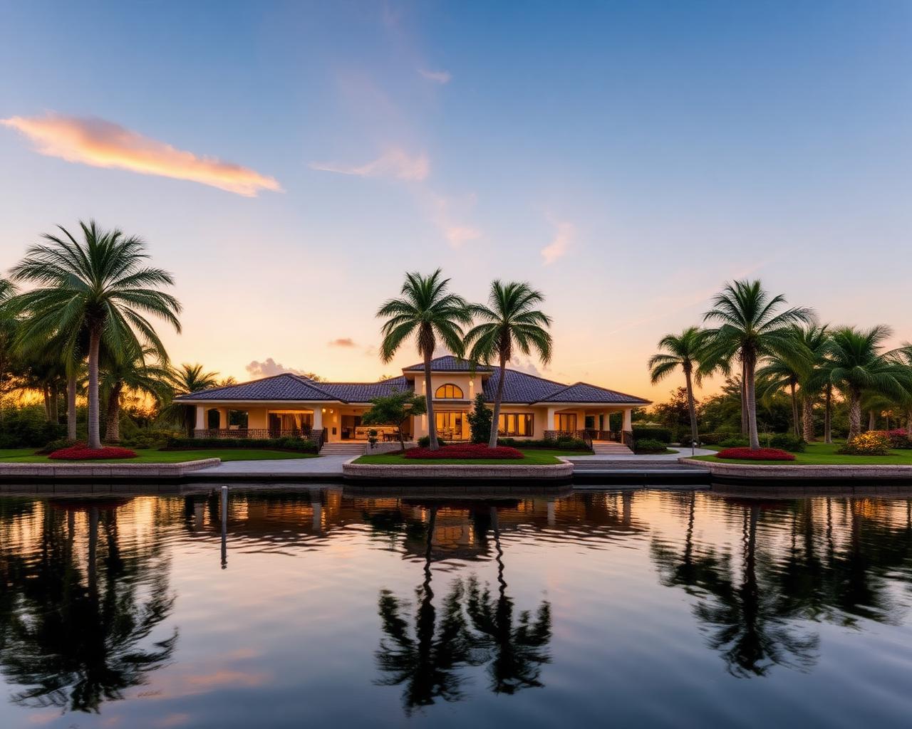Waterfront luxury home with palms