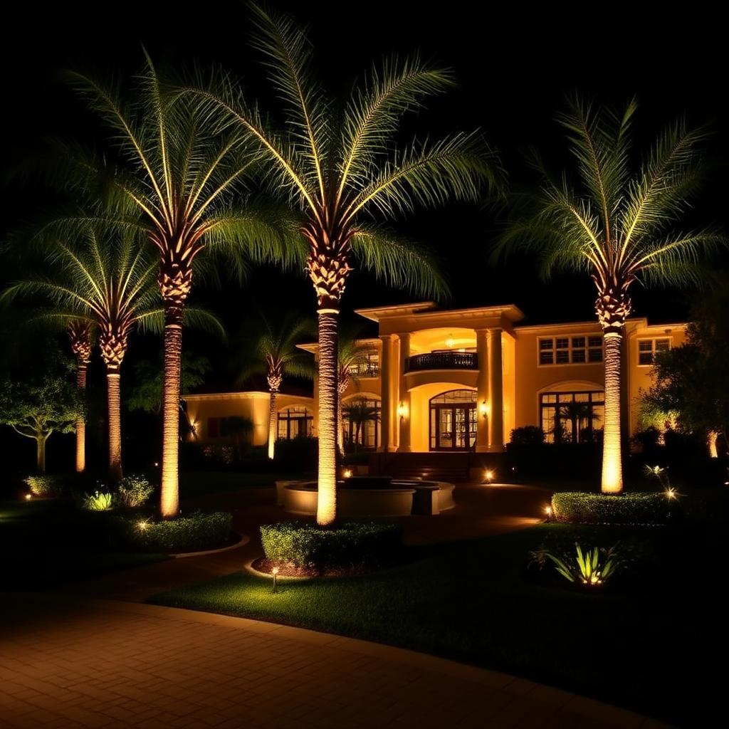 Night view with uplit palms