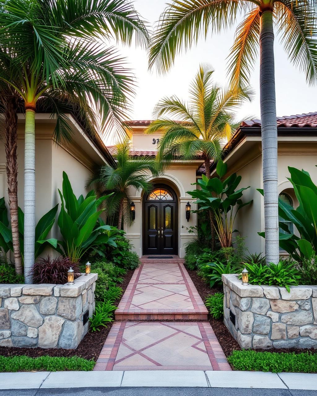 Tropical residential entrance with stone planters